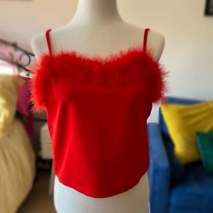 Red Cropped Tank with Fuzzy Neckline